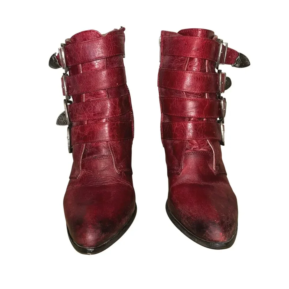 Circle G Women’s 7 Red Leather Ankle Boots Western Buckle Booties Made In Mexico - Picture 3 of 9